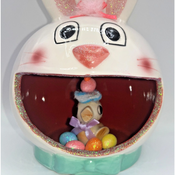 Vintage Ceramic Chick inside Ceramic Bunny Diorama Deb O. Original Designs OOAK - Picture 6 of 16